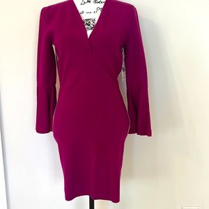 Emilio Pucci magenta knit dress with fluted sleeves gold corded seam wool blend